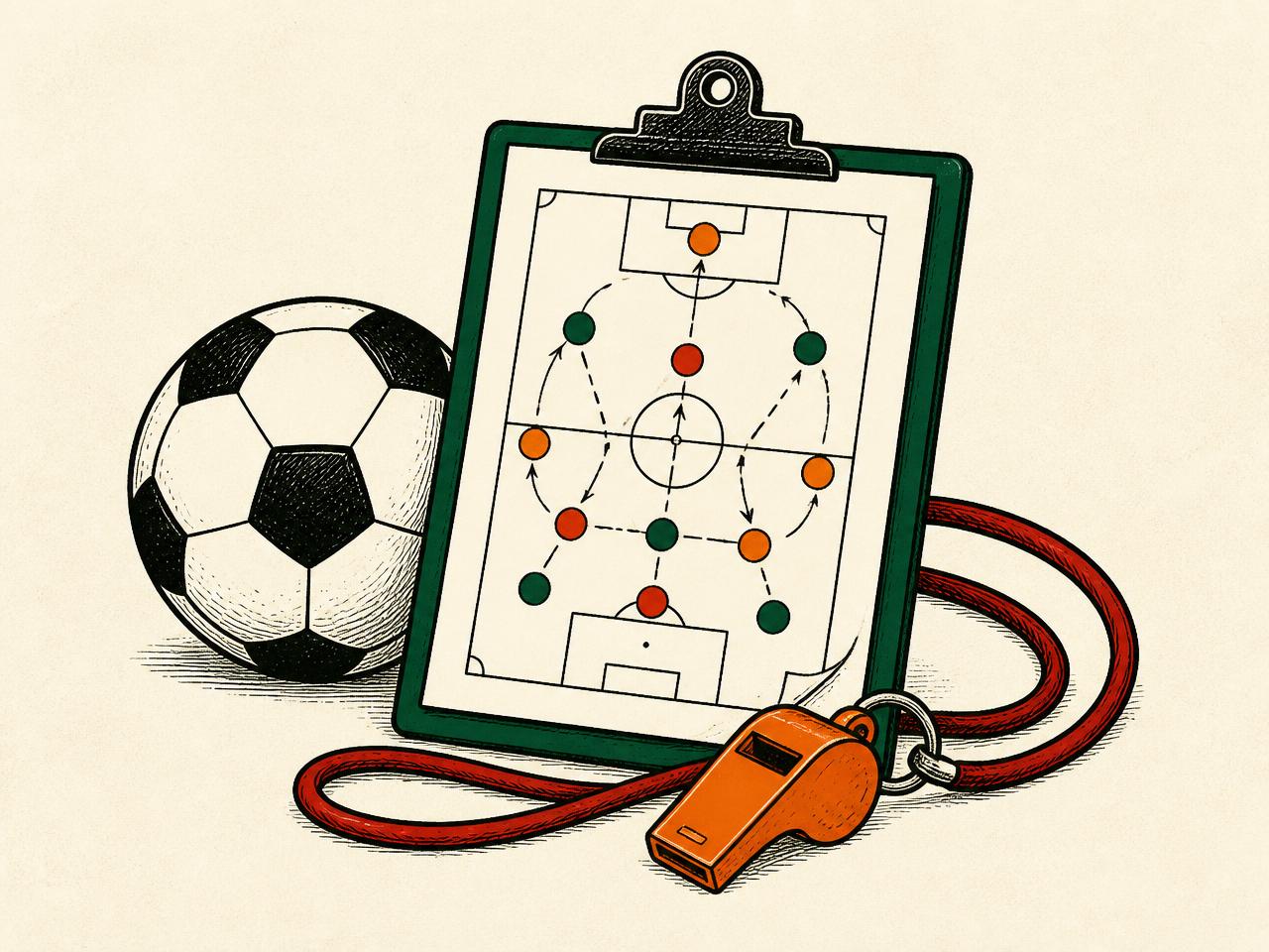 Illustration of a soccer ball, whistle, and tactics clipboard