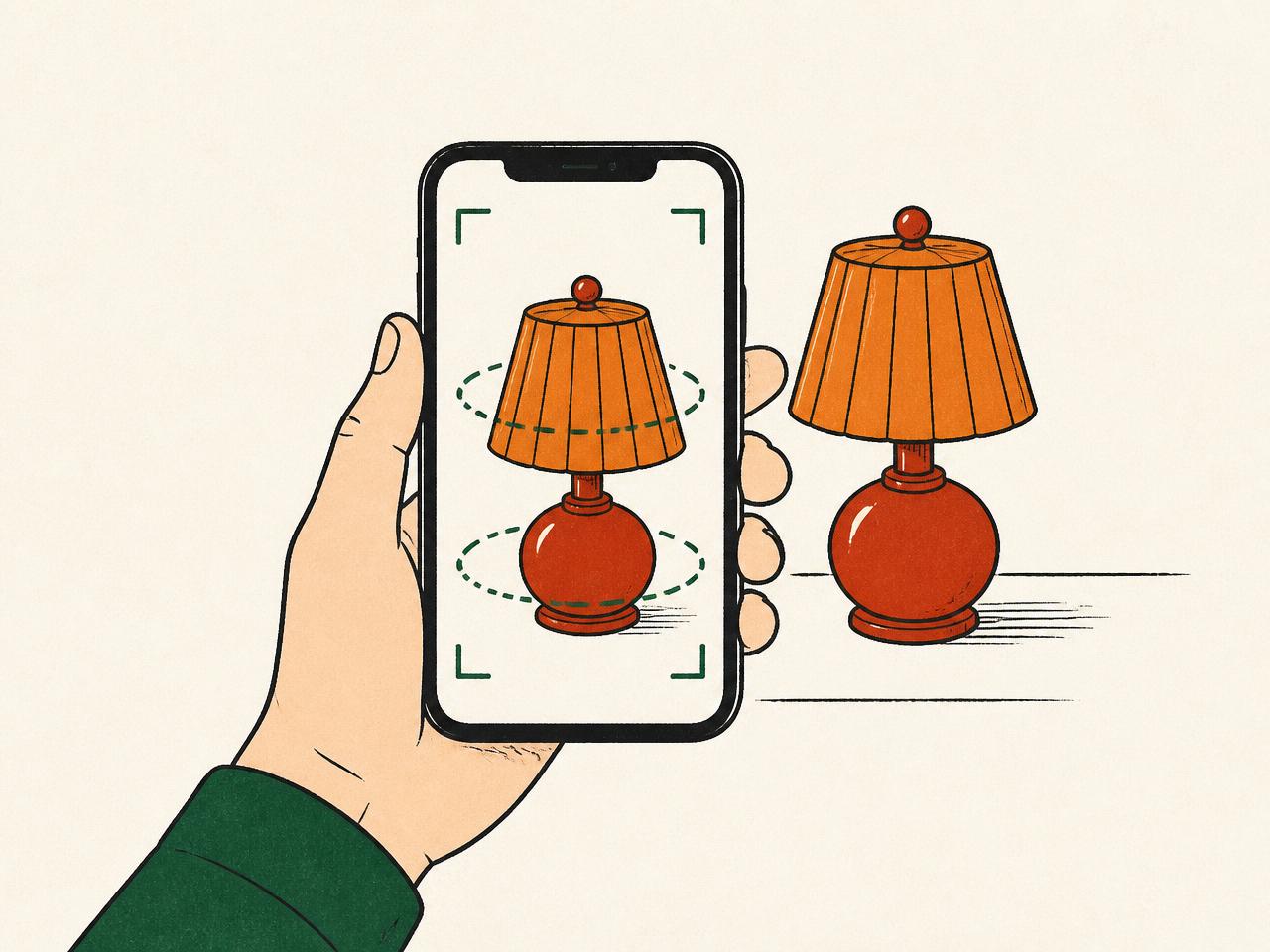 Illustration of a hand holding a phone AR-scanning a lamp